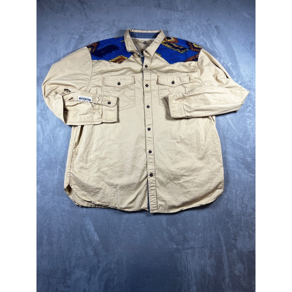 Rocawear Classic Mens 2XL Tan Khaki Southwestern Tribal Yoke Button Down Shirt